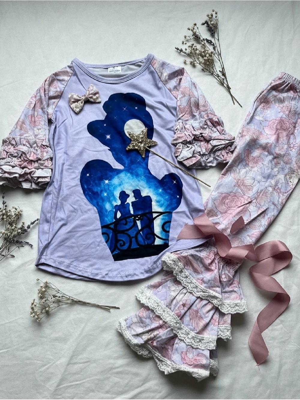 Girls Purple Princess Night Scene Top & Floral Ruffle Pants Set